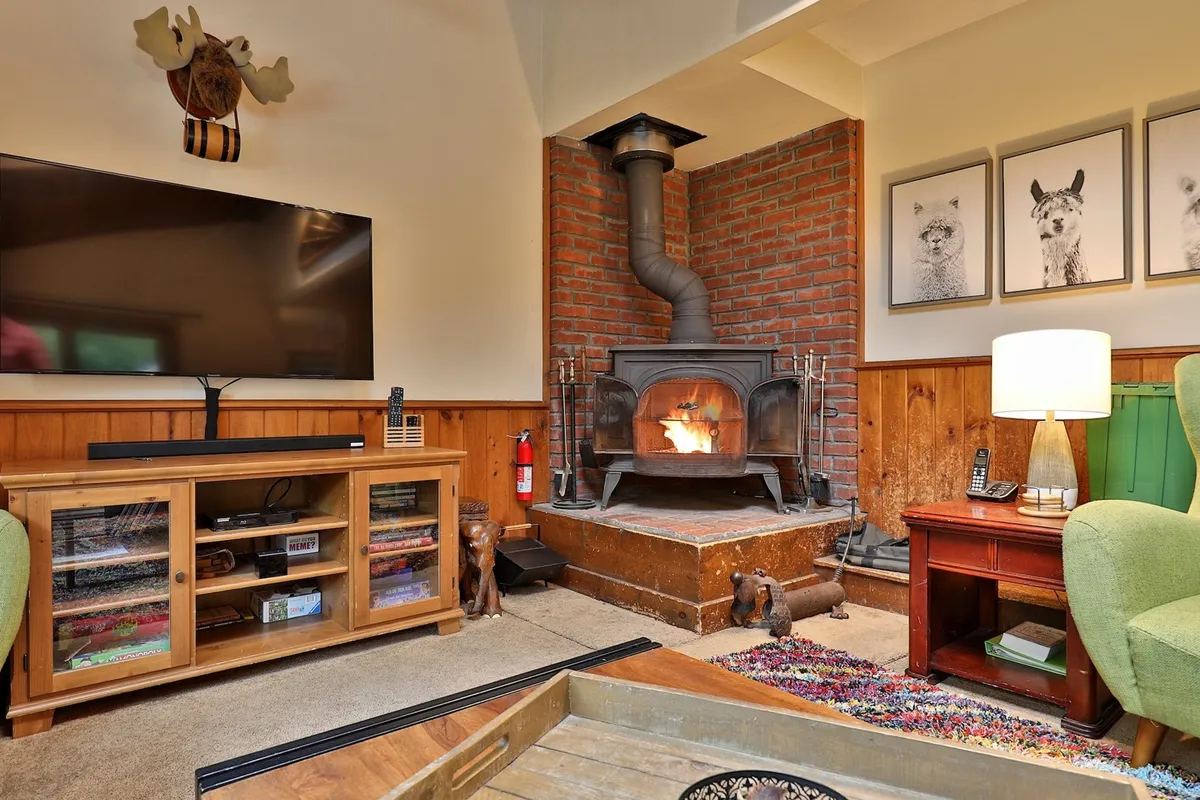 A welcoming lounge area highlighted by a fireplace, a television, a green armchair, wooden cabinetry, and playful llama artwork, with natural wood finishes and warm lighting enhancing the ambiance.